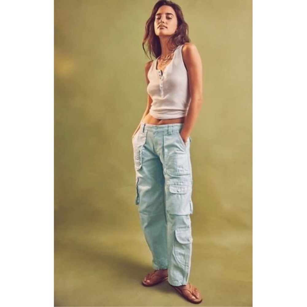 Free People Lap Of Luxury 28 Barrel Cargo Jeans Metallic Coating Aqua Marin NWOT